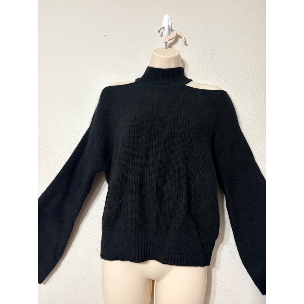 Design 365 Pure Cashmere Black Cold Shoulder Mock Neck Ribbed Sweater XS